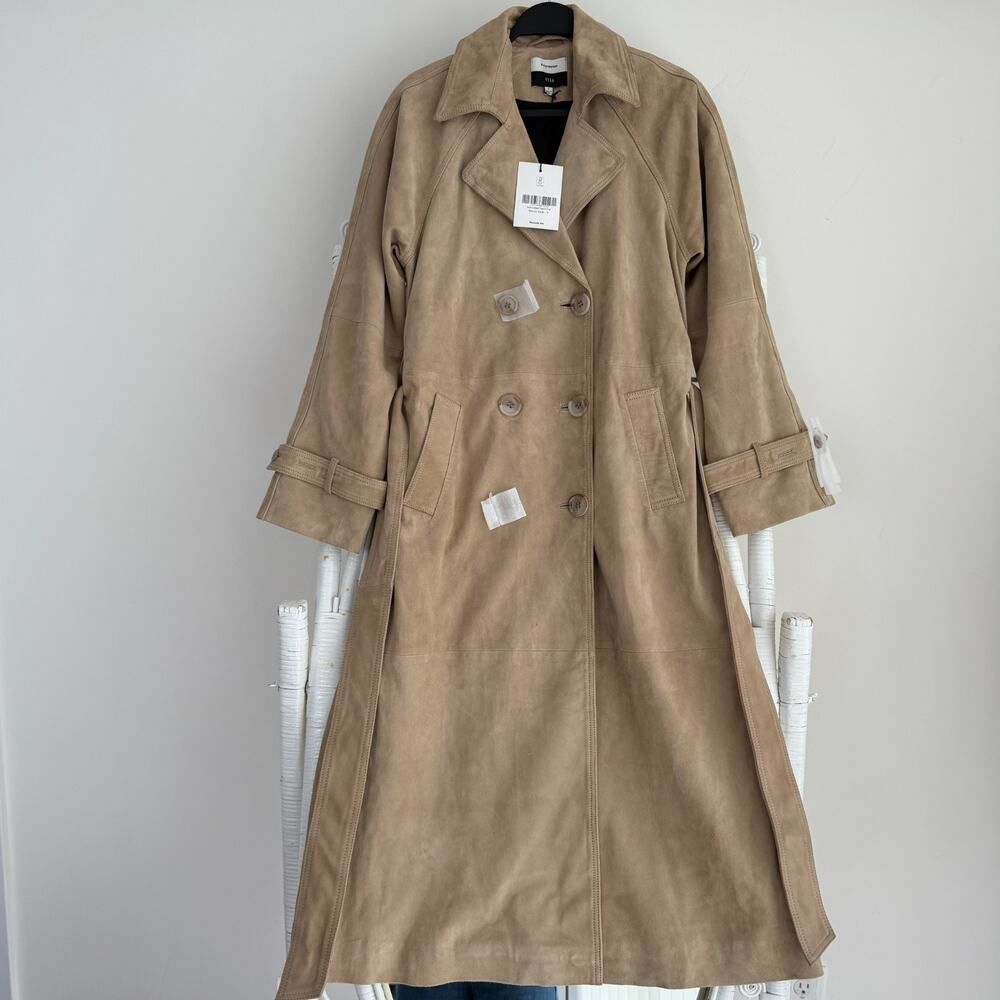 Reformation Veda Leather Jacket Small Tan Suede Trench Coat Belted Double Breast - Picture 3 of 12